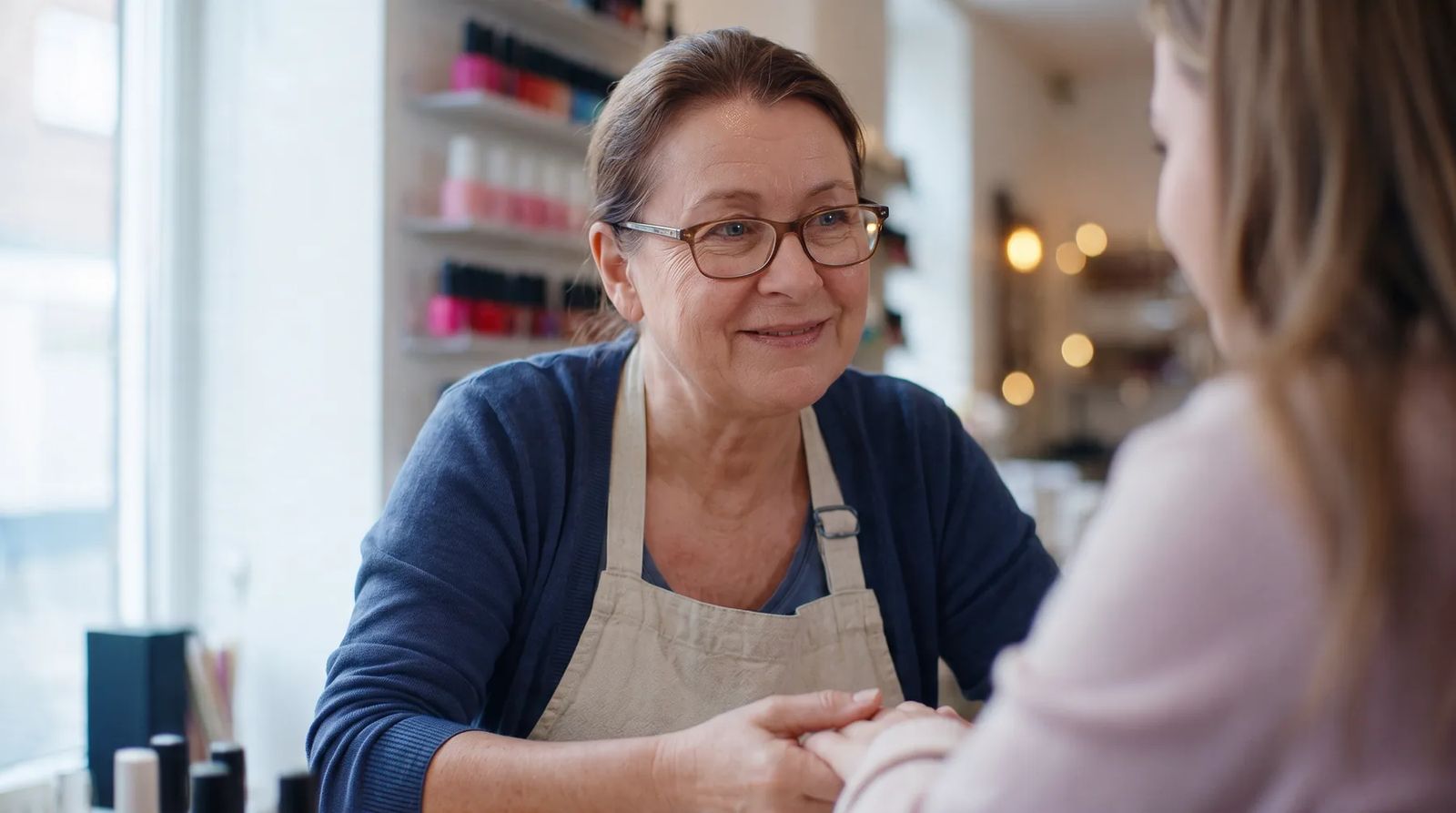 Manicure em ação, imagem gerada com IA para a marca fictícia Segura MEI