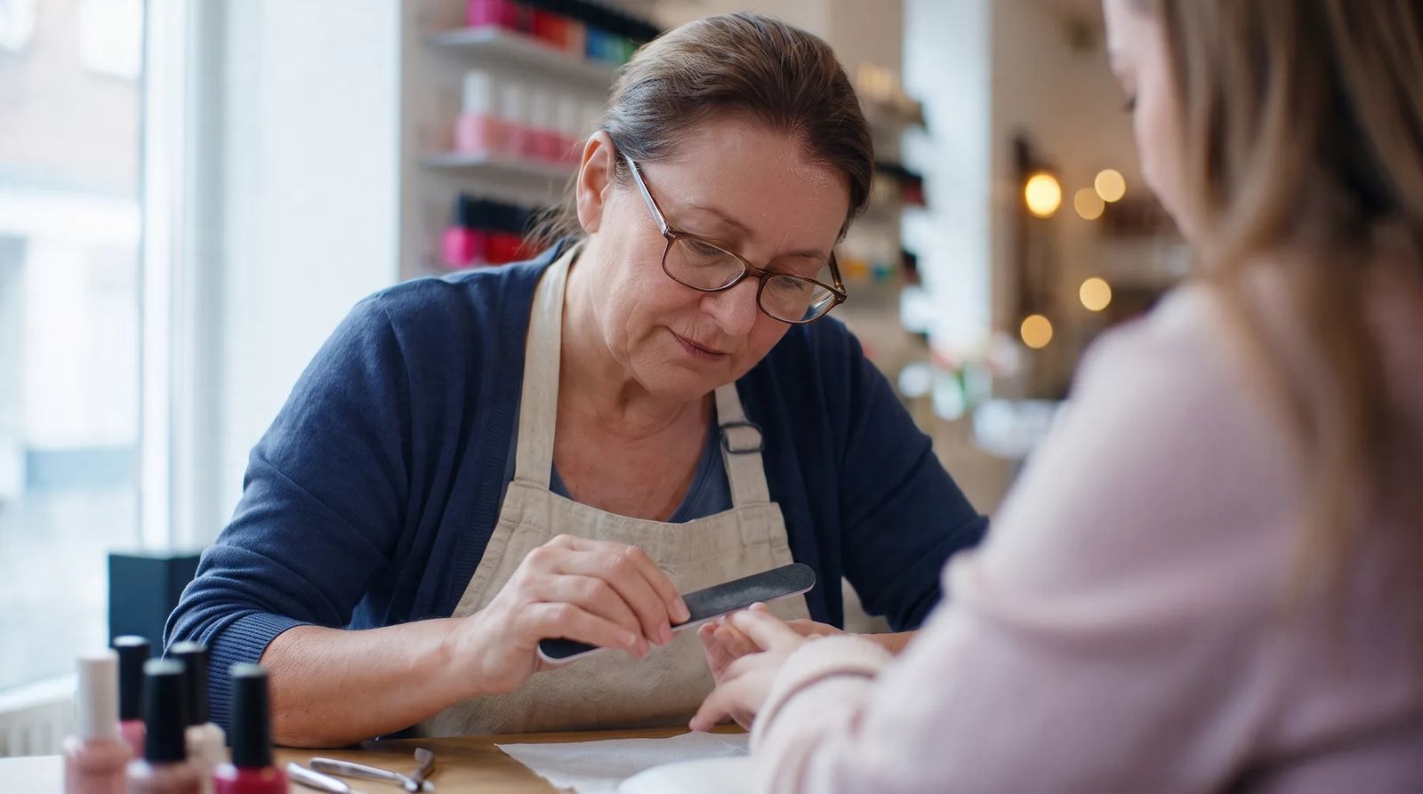 Manicure em ação, imagem gerada com IA para a marca fictícia Segura MEI