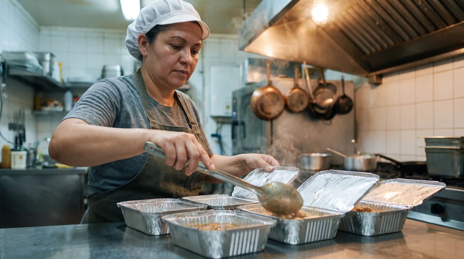 Marmiteira em ação, imagem gerada com IA para a marca fictícia Segura MEI