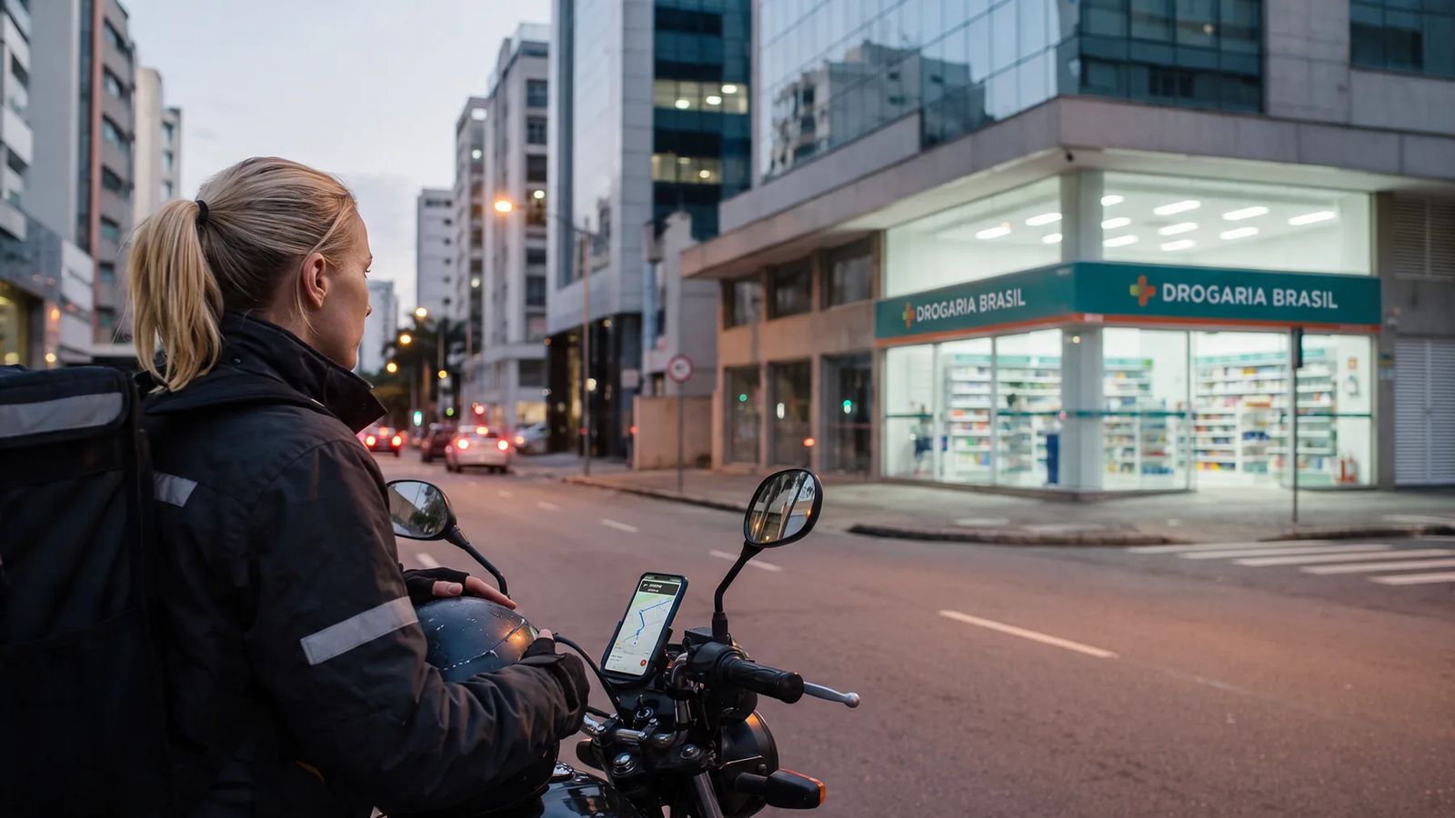 Entregadora de aplicativo em ação, imagem gerada com IA para a marca fictícia Segura MEI